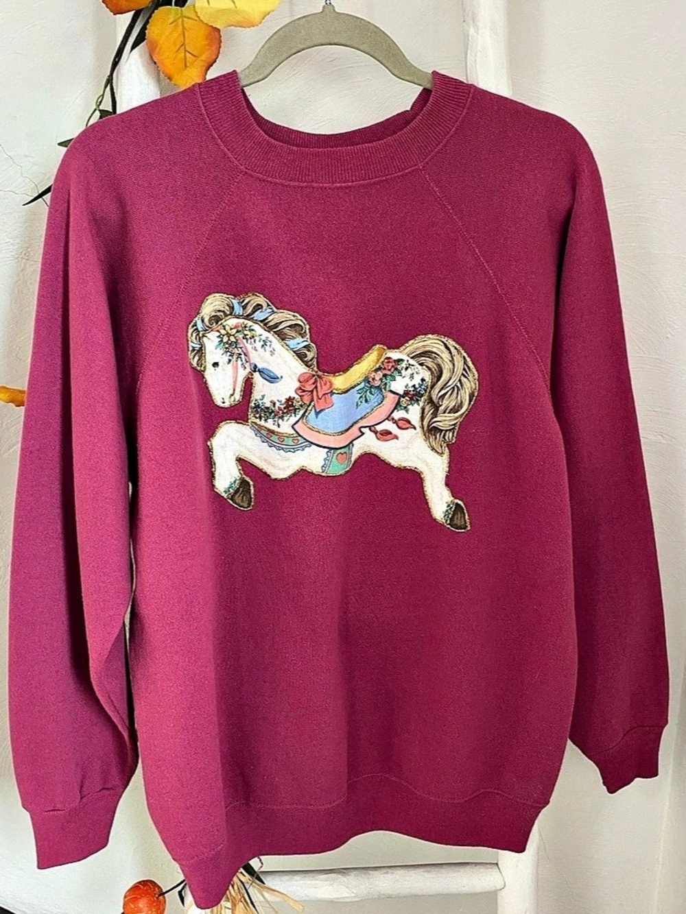 Carousel Horse Puffy Paint 90s Graphic Sweatshirt in Pink Size Large